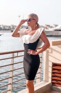 Vesper Alessandra Monochrome Double Frill Bardot Pencil Dress ~ black and white wiggle dresses ~ statement frill bodycon ~ mono party wear ~ fitted evening fashion