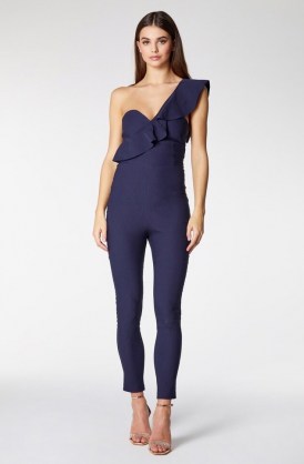 Vesper Christall Navy One Shoulder Frill Jumpsuit ~ asymmetric neckline jumpsuits ~ fitted party fashion ~ glamorous evening wear