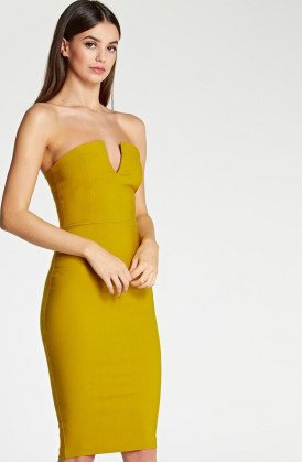 Vesper Dee Ochre V-Neck Strapless Pencil Dress ~ fitted party fashion ~ occasion bodycon ~ evening wiggle dresses - flipped