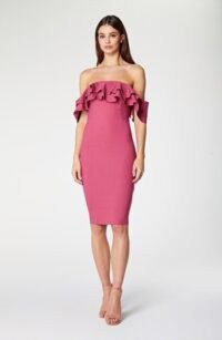 Vesper Esmeralda Dusky Rose Bardot Frill Pencil Dress – ruffle neckline dresses – pink ruffled occasion wear – off the shoulder