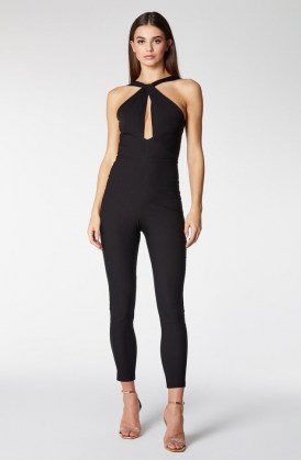 Vesper Portia Black Twist Front Fitted Jumpsuit ~ form fitting jumpsuits ~ glamorous evening fashion ~ party wear