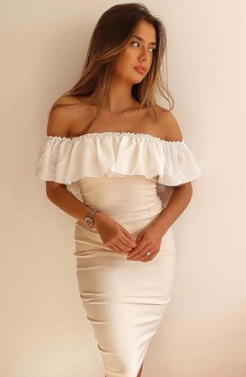 Vesper Stacey Latte and Ivory frill Bardot Pencil Dress – ruffled off the shoulder dresses – fitted occasion fashion – ruffles – frills – party bodycon - flipped