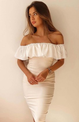 Vesper Stacey Latte and Ivory frill Bardot Pencil Dress – ruffled off the shoulder dresses – fitted occasion fashion – ruffles – frills – party bodycon