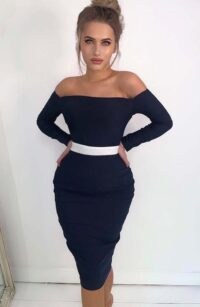 Vesper Penelope Contrast Bardot pencil dress ~ navy bodycon ~ party wiggle dresses ~ off the shoulder ~ fitted going out fashion