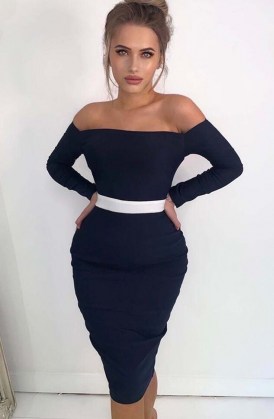 Vesper Penelope Contrast Bardot pencil dress ~ navy bodycon ~ party wiggle dresses ~ off the shoulder ~ fitted going out fashion