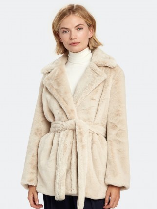 Denise Richards beige fur jacket, on The Real Housewives of Beverly Hills, Vince Belted Plush Faux Fur Coat in Pearl, 12 August 2020 | celebrity coats | reality star style fashion