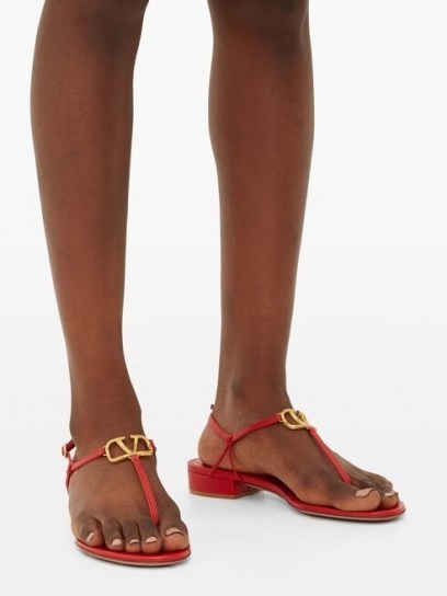 VALENTINO GARAVANI V-logo red leather sandals ~ gold tone logo embellished sandal - flipped