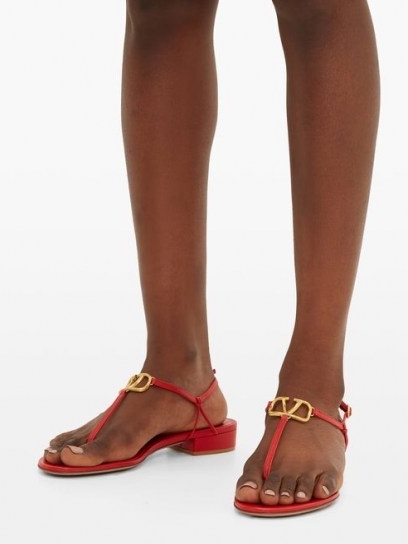 VALENTINO GARAVANI V-logo red leather sandals ~ gold tone logo embellished sandal