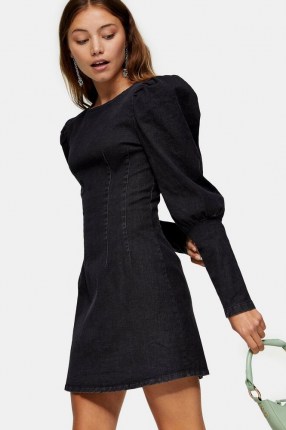 Topshop Washed Black Denim Seam Shirt Dress | puff sleeved dresses - flipped