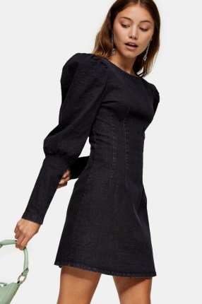 Topshop Washed Black Denim Seam Shirt Dress | puff sleeved dresses