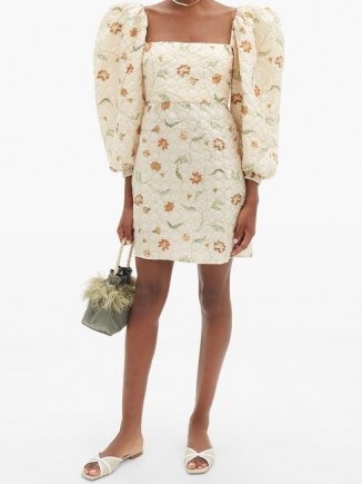 JOHANNA ORTIZ Wayfaring silk-blend matelassé mini dress / floral puff sleeve dresses / square necklines - flipped