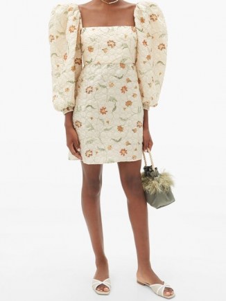JOHANNA ORTIZ Wayfaring silk-blend matelassé mini dress / floral puff sleeve dresses / square necklines