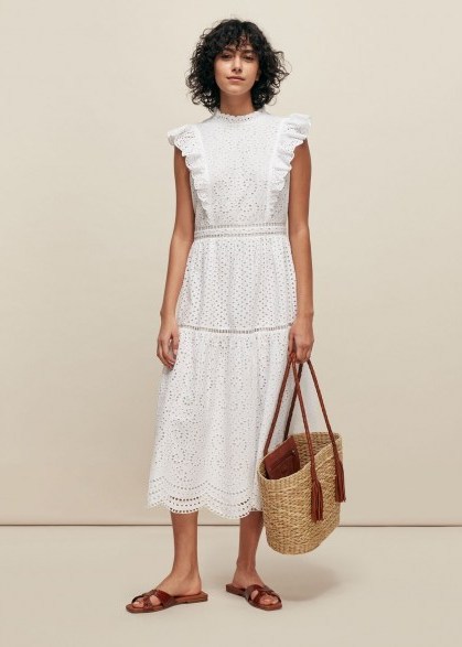 Whistles BRODERIE FRILL SLEEVE DRESS in White – classic ruffle trim summer dresses - flipped