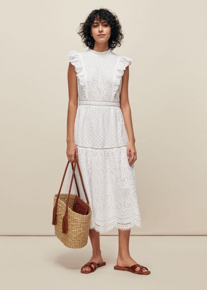 Whistles BRODERIE FRILL SLEEVE DRESS in White – classic ruffle trim summer dresses