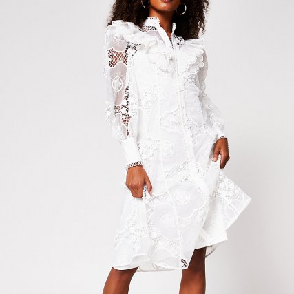 RIVER ISLAND White long sleeve midi lace shirt dress ~ ruffle trimmed dresses - flipped