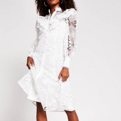 RIVER ISLAND White long sleeve midi lace shirt dress ~ ruffle trimmed dresses