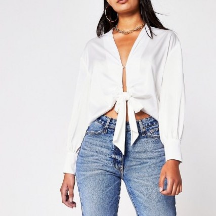 RIVER ISLAND White Ls Tie Front Luxe Shirt – long sleeve satin look shirts - flipped