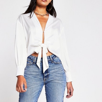 RIVER ISLAND White Ls Tie Front Luxe Shirt – long sleeve satin look shirts