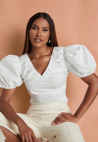 Missguided white poplin ruched puff sleeve top | voluminous sleeved tops | puffed sleeves - flipped
