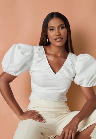 Missguided white poplin ruched puff sleeve top | voluminous sleeved tops | puffed sleeves