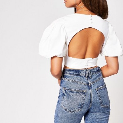 River Island White short puff sleeve crop top | cropped open back tops - flipped