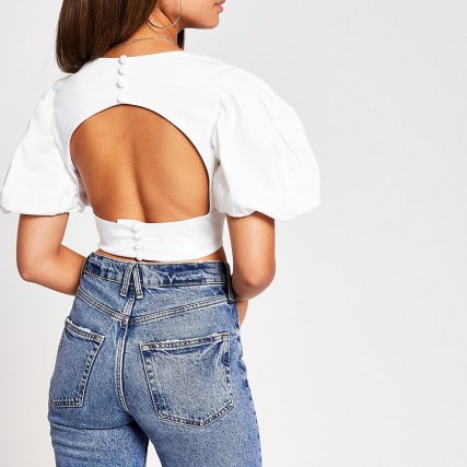 River Island White short puff sleeve crop top | cropped open back tops