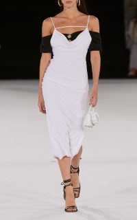 Jacquemus Adour Draped Crepe Midi Dress | white spaghetti strap cowl neck dresses | plunge front necklines