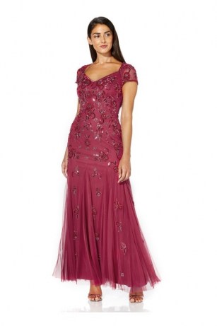 ADRIANNA PAPELL BEADED COVERED GOWN IN DUSTY ROUGE / squin covered gowns / long sequinned occasion dresses - flipped