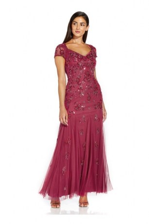 ADRIANNA PAPELL BEADED COVERED GOWN IN DUSTY ROUGE / squin covered gowns / long sequinned occasion dresses
