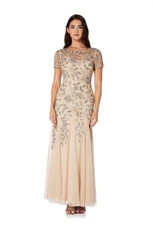 ADRIANNA PAPELL BEADED GOWN WITH GODETS IN TAUPE/PINK / floral gowns / sequinned occasion dresses - flipped