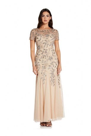 ADRIANNA PAPELL BEADED GOWN WITH GODETS IN TAUPE/PINK / floral gowns / sequinned occasion dresses