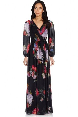 ADRIANNA PAPELL FLORAL CHIFFON GOWN IN BLACK MULTI / evening gowns / event wear