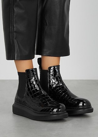 ALEXANDER MCQUEEN Hybrid crocodile-effect leather Chelsea boots / black patent croc embossed boots - flipped