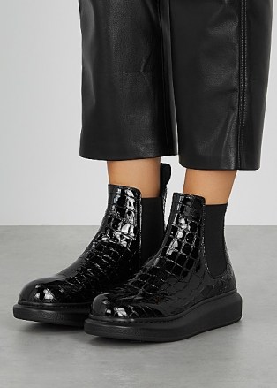 ALEXANDER MCQUEEN Hybrid crocodile-effect leather Chelsea boots / black patent croc embossed boots