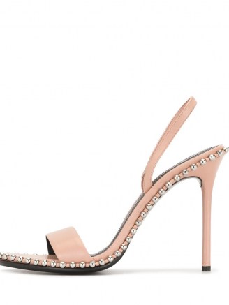 Alexander Wang Nova leather sandals in sandstone pink | stud trim stiletto heel slingbacks | party heels - flipped