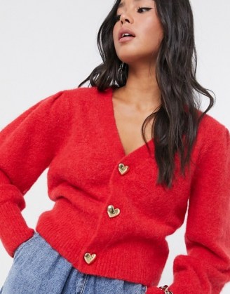 & Other Stories gold heart button puff sleeve cardigan in red | puff sleeve cardigans - flipped
