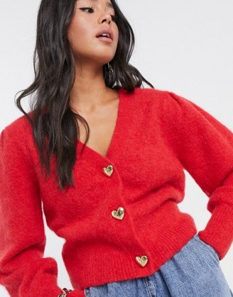 & Other Stories gold heart button puff sleeve cardigan in red | puff sleeve cardigans