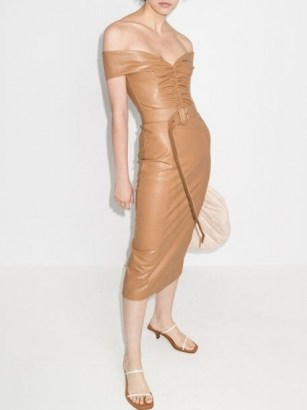 ANOUKI bardot belted mid-length dress ~ brown off the shoulder dresses - flipped