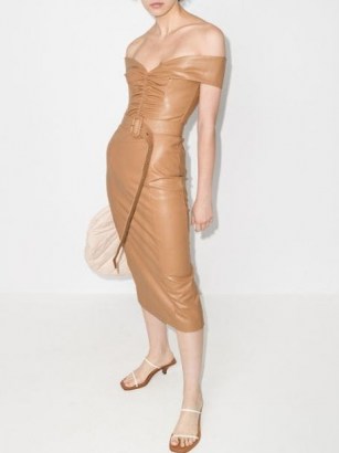 ANOUKI bardot belted mid-length dress ~ brown off the shoulder dresses