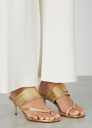 AQUAZZURA Sunny 60 gold leather sandals / strappy metallic heels - flipped
