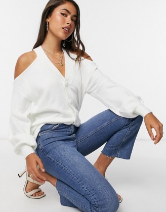 ASOS DESIGN cardigan with cut out detail in cream | cold shoulder cardigans | ontrend knitwear - flipped