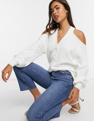 ASOS DESIGN cardigan with cut out detail in cream | cold shoulder cardigans | ontrend knitwear
