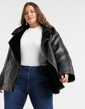 ASOS DESIGN Curve borg aviator jacket in black / faux fur lined jackets / fashionable winter outerwear / plus size fashion - flipped