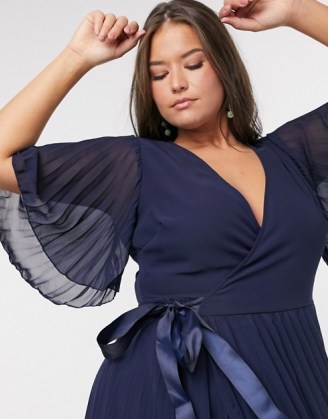 ASOS DESIGN Curve exclusive maxi dress with kimono sleeve and tie waist in pleat | long plus size occasion dresses | deep V plunge neckline - flipped