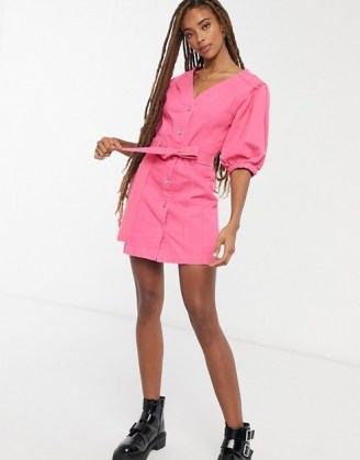 ASOS DESIGN denim multi stitch belted dress in bright pink | casual weekend dresses