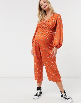 ASOS DESIGN maternity jersey tie front long sleeve jumpsuit in rust ditsy floral print / pregnancy jumpsuits / fashion - flipped