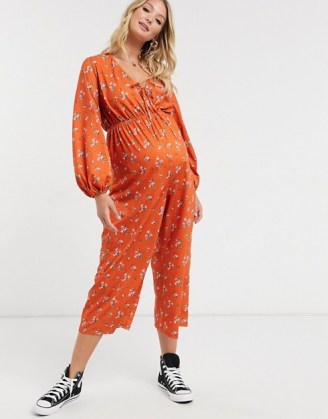ASOS DESIGN maternity jersey tie front long sleeve jumpsuit in rust ditsy floral print / pregnancy jumpsuits / fashion