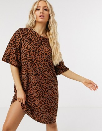 ASOS DESIGN mini tea dress with oversized prarie collar in leopard print - flipped