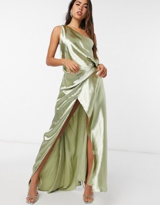 ASOS DESIGN one shoulder satin maxi dress with split strap detail milky khaki / slinky green occasion dresses / sheen effect fabrics - flipped