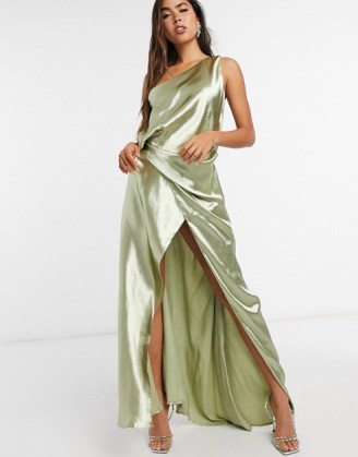 ASOS DESIGN one shoulder satin maxi dress with split strap detail milky khaki / slinky green occasion dresses / sheen effect fabrics